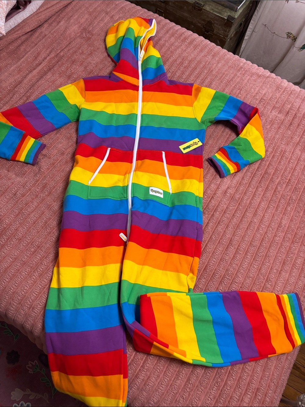 Tipsy Elves Rainbow Stripe Hooded Footie in Bright Rainbow Colors